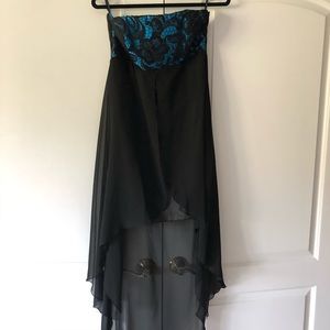 Black dress, high/low chiffon skirt, lace detail